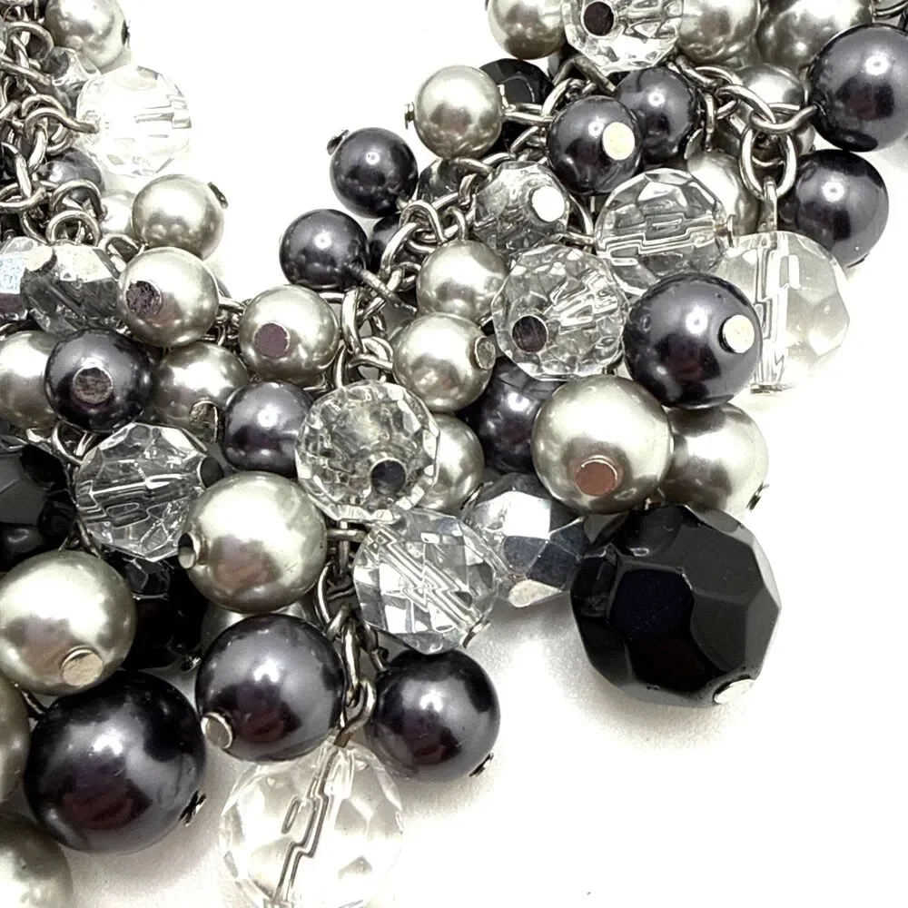 Cha-Cha Style Necklace Clear Gray Black Bead Cluster Statement Bib 16